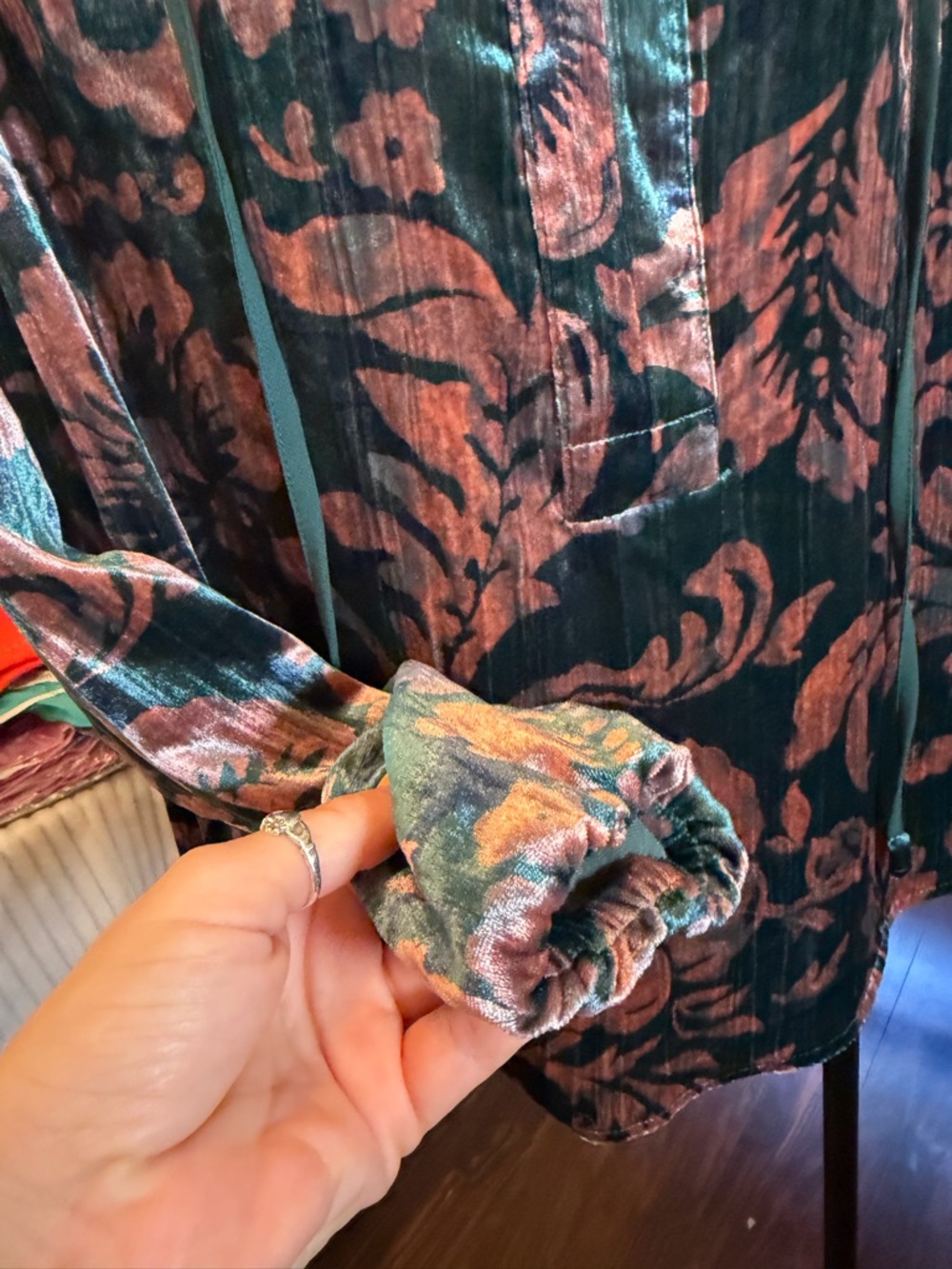 Anthropologie Velvet Floral Blouse – Boho Romantic Top, Teal With Pink, Shiny - Picture 6 of 8